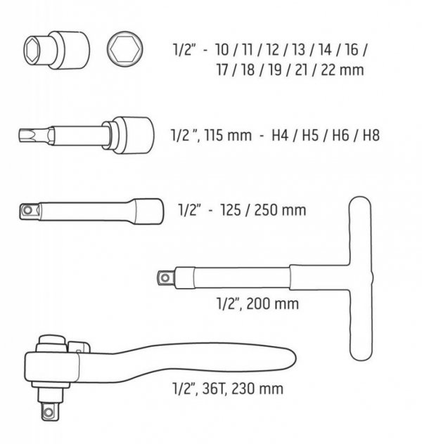 ZESTAW KLUCZY NASADOWYCH 1/2&#039;&#039;, 1000V,  19 SZTUK (1 KPL)
