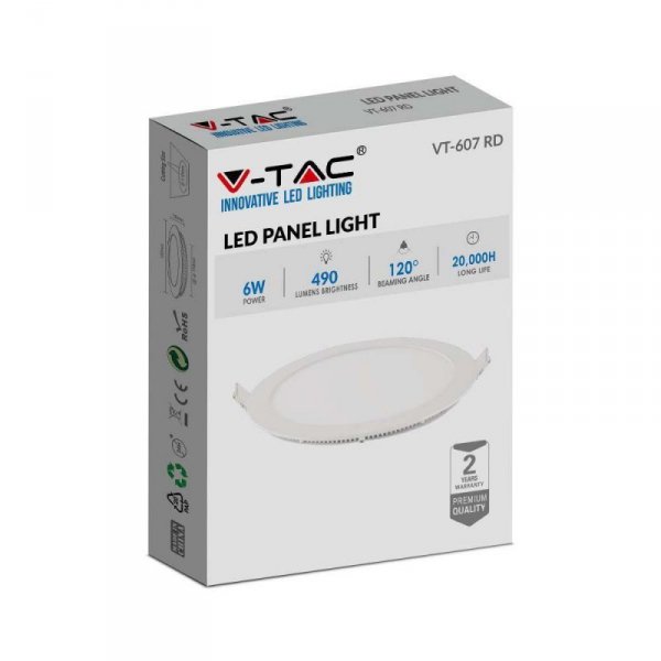 Panel LED V-TAC Premium Downlight 6W Okrągły fi120 VT-607 2700K 490lm