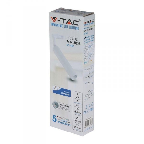Oprawa 7W LED V-TAC Szynosystem 3F SAMSUNG CHIP CRI90+ Biała VT-407 4000K 420lm 5 Lat Gwarancji