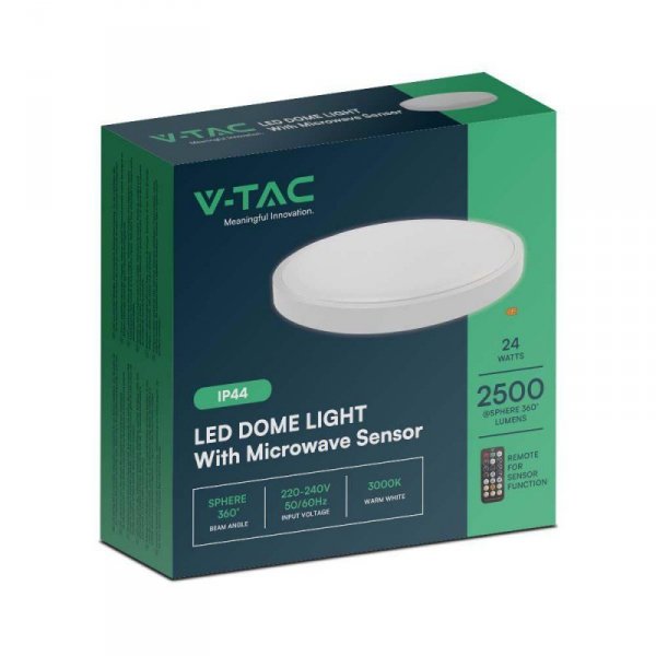 Plafon V-TAC 24W LED Okrągły 29cm Natynkowy Pilot Czujnik Ruchu IP44 Biały VT-8624S 3000K 2500lm