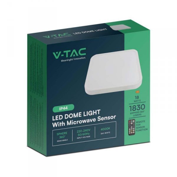 Plafon V-TAC 18W LED Kwadrat 25x25cm Natynkowy Pilot Czujnik Ruchu IP44 Biały VT-8618S 4000K 1830lm