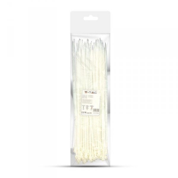 Opaska Zaciskowa V-TAC 4.5x350mm Biała 22kg Nylon66 (Opak. 100szt)