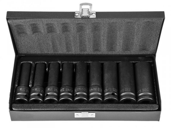 Nasadki udarowe 1/2&quot;, E10-E24, zestaw 9 szt., CrMo