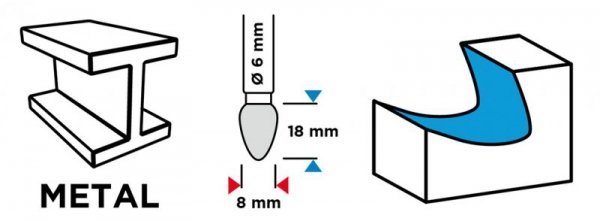 Frez do metalu HM, typ F (ostrołukowy zaokrąglony), 8 x 18 mm, trzpień 6 x 45 mm