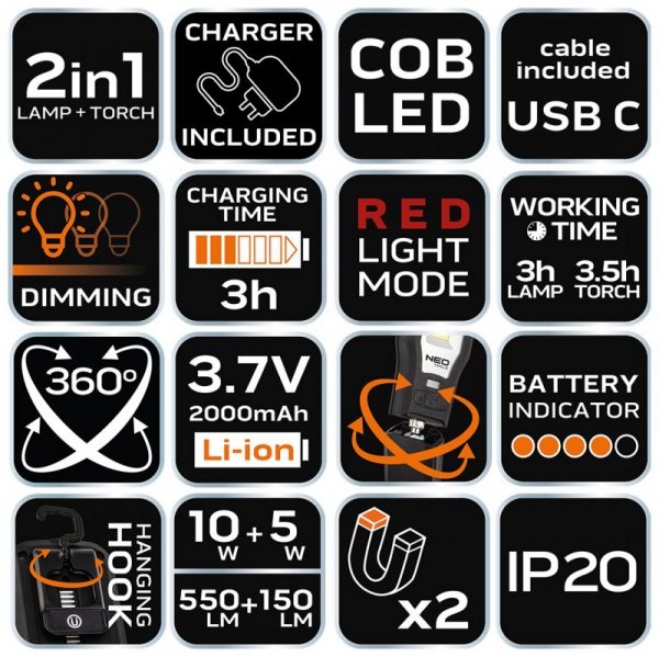 Lampa warsztatowa 550 lm COB LED + baza + ładowarka