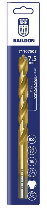 Wiertło do metalu Baildon DIN 338 RN 7,5 mm, HSS TiN (S), 109-69 mm (chwyt 3-płaszczyznowy)