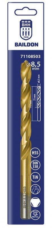 Wiertło do metalu Baildon DIN 338 RN 8,5 mm, HSS TiN (S), 117-75 mm (chwyt 3-płaszczyznowy)