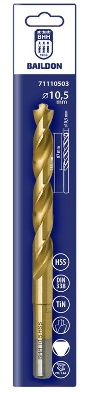 Wiertło do metalu Baildon DIN 338 RN 10,5 mm, HSS TiN (S), 133-87 mm (chwyt 3-płaszczyznowy)
