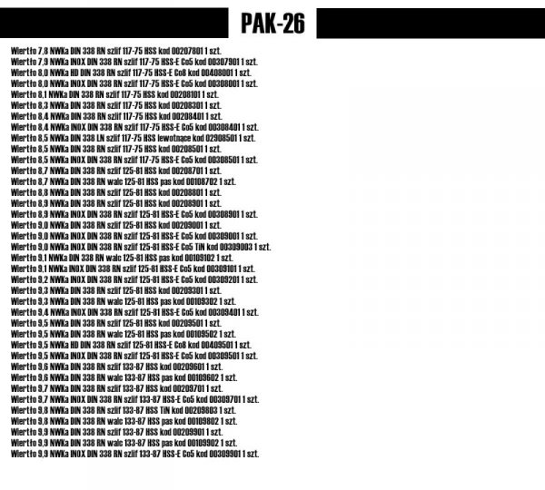 PAK-26 pakiet wierteł DIN 338