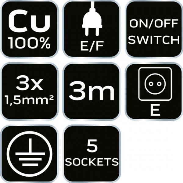 Przedłużacz listwowy 3m, 3x1.5mm2, 5G, biały, ON/OFF