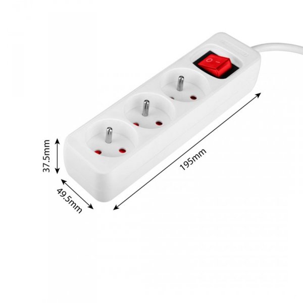 Przedłużacz listwowy 5m, 3x1.5mm2, 3G, biały, ON/OFF