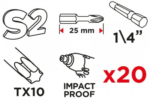 Bity udarowe TX10 x 25 mm, 20 szt.