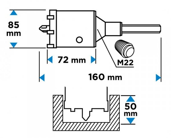 Otwornica widiowa 85 mm z adapterem HEX oraz wiertłem pilotującym