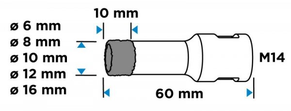 Otwornice diamentowe (6, 8, 10, 12, 16 mm), zestaw 5 el.