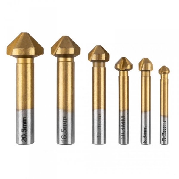 Wiertła fazujące stożkowe pogłębiacze TiN, 6.3-20.5 mm, zestaw 6 szt.