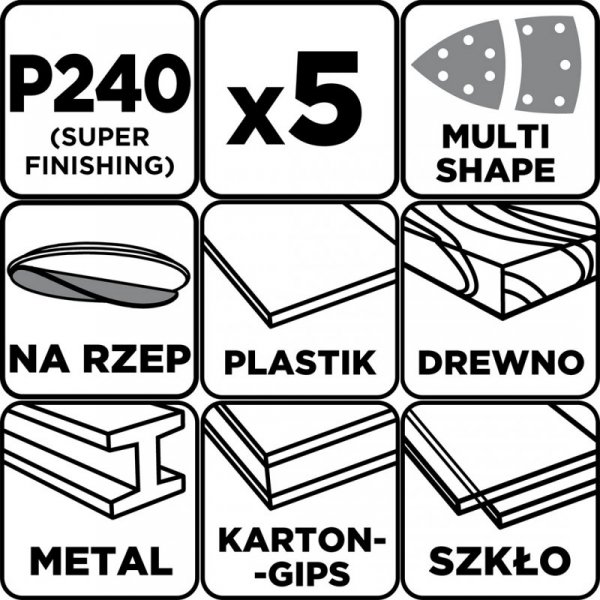 Papiery ścierne na rzep, żelazko 102 x 152 mm, P240, 5 szt., z 11 otworami