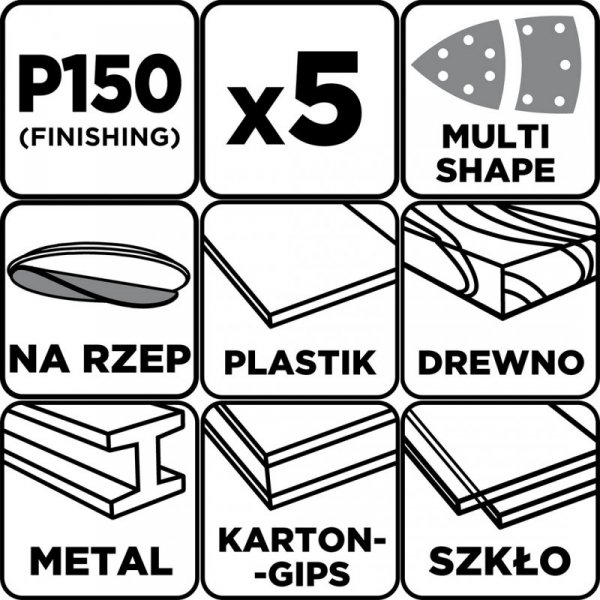 Papiery ścierne na rzep, żelazko 102 x 152 mm, P150, 5 szt., z 11 otworami