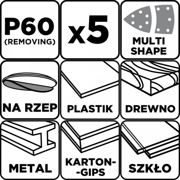 Papiery ścierne na rzep, żelazko 102 x 152 mm, P60, 5 szt., z 11 otworami