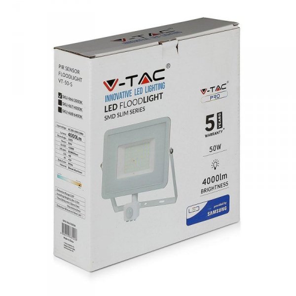 Projektor LED V-TAC 50W SAMSUNG CHIP Czujnik Ruchu Funkcja Cut-OFF Biały VT-50-S 4000K 4000lm 5 Lat Gwarancji