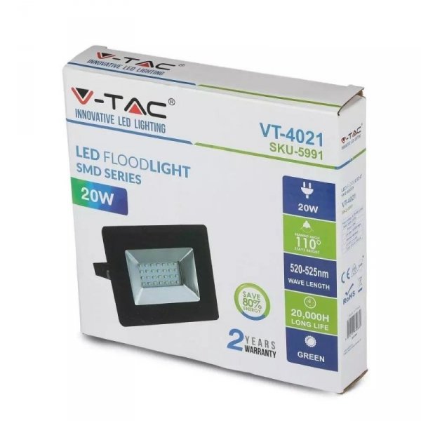 Projektor LED V-TAC 20W Czarny E-Series IP65 VT-4021 Zielony 1700lm