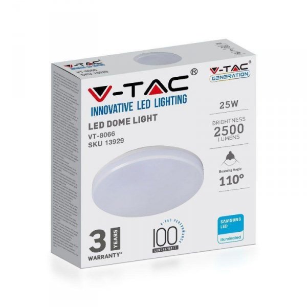 Plafon Natynkowy Okrągły V-TAC 25W LED SAMSUNG CHIP IP44 100Lm/W VT-8066 3000K 2500lm 3 Lata Gwarancji