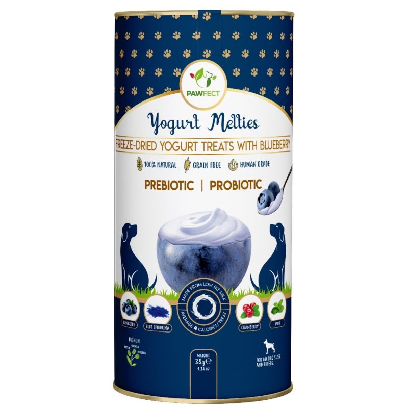 PAWFECT Yogurt Melties Prebiotic Probiotic liofilizowane przysmaki jogurtowe dla psa z jagodami 38g