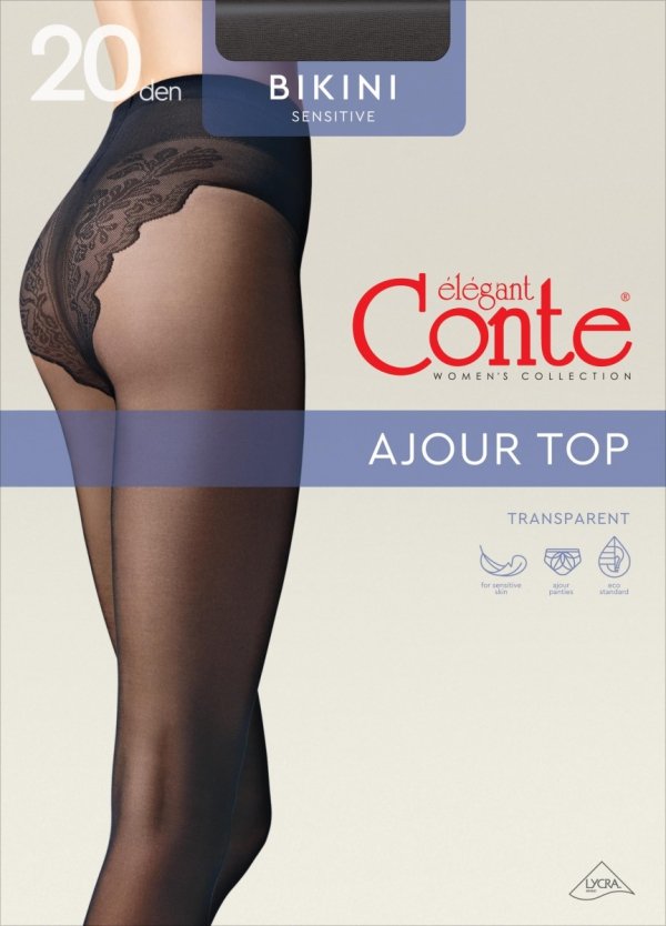 Transparentne rajstopy Conte Bikini 20 den z imitacją ażurowej bielizny. Delikatne, jedwabiste, z bawełnianym klinem i pogrubionymi palcami, idealne dla wrażliwej skóry. Elegancja na co dzień i wyjątkowe okazje.