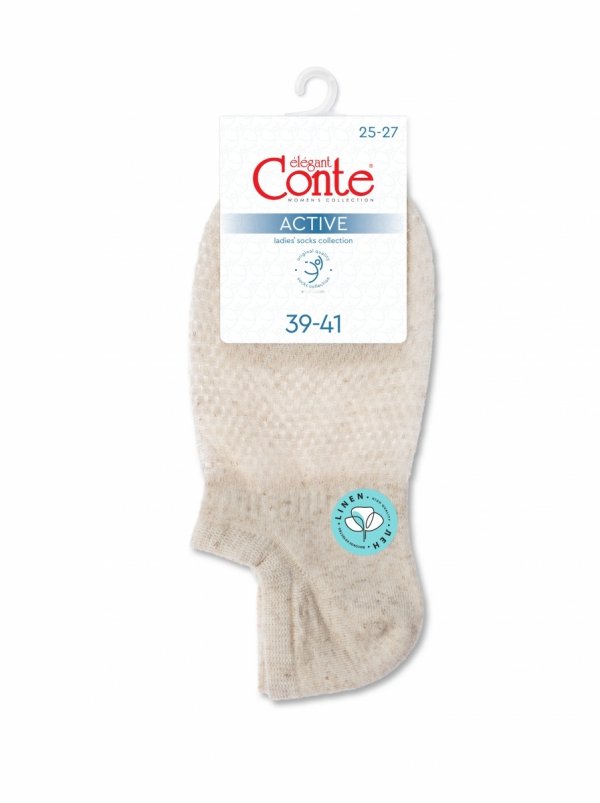 Krótkie skarpetki damskie CONTE ACTIVE łączą codzienną wygodę z delikatnym, przewiewnym designem. Ażurowy wzór siateczki i lniana przędza sprawiają, że model doskonale sprawdza się szczególnie w cieplejsze dni i aktywnym rytmie dnia.