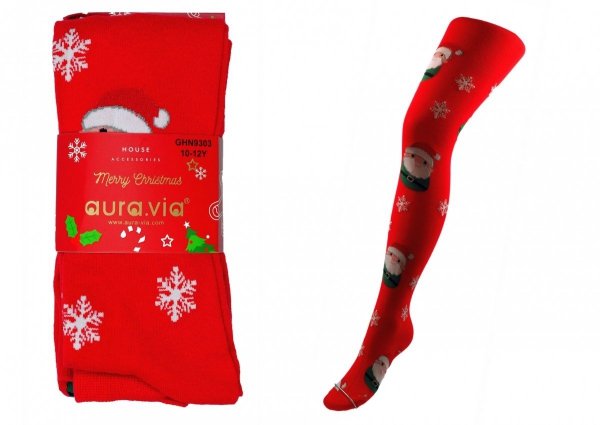 Bawełniane świąteczne rajstopy firmy AuraVia. Śliczne wzornictwo głównie Mikołaj i jego pomocnicy. Wykonane w rozmiarze 4-6 lata.