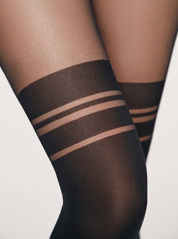 Stylowe rajstopy damskie z efektem podkolanówek. Gęstość 50 DEN w dolnej części i 30 DEN w górnej to idealne połączenie funkcjonalności i modnego designu.