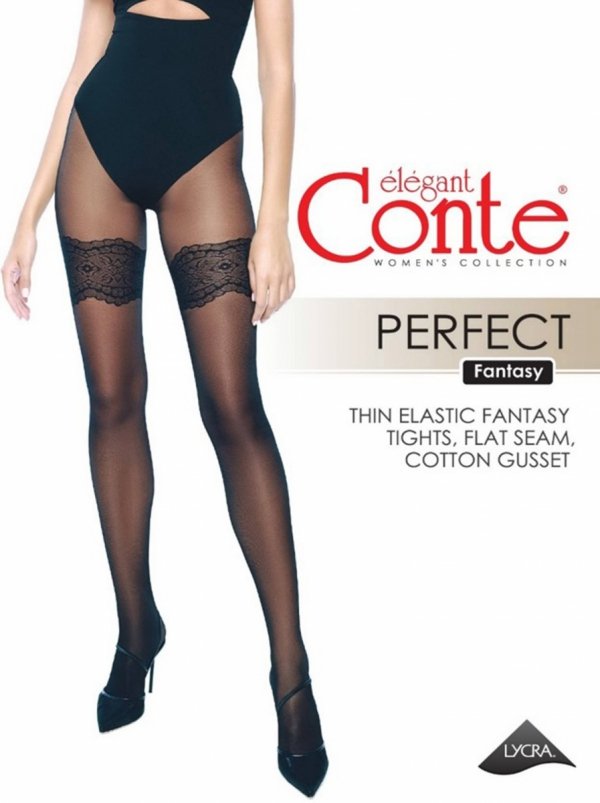 Rajstopy Conte PERFECT Fantasy 30 Den z efektem imitacji pończoch to idealny wybór na wyjątkowe okazje. Delikatny wzór na udach nadaje stylizacji wyjątkowego charakteru, a płaski szew i bawełniany klin gwarantują wygodę.