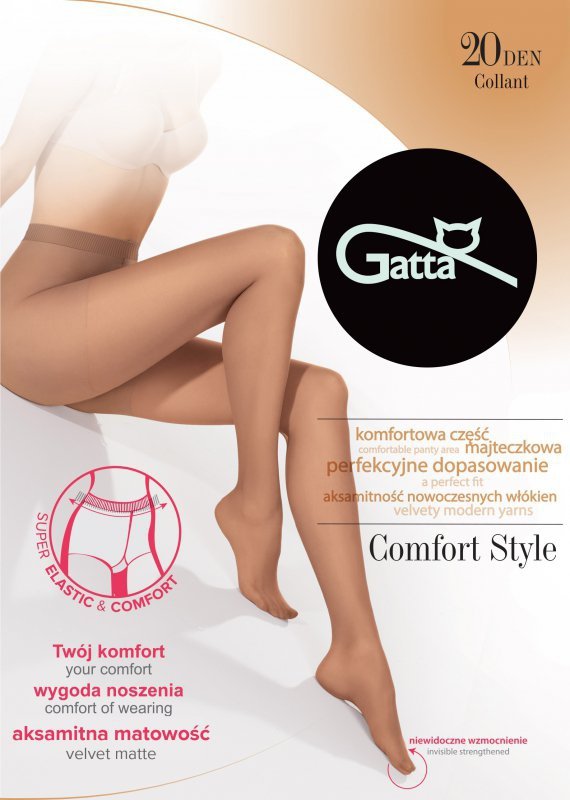 Komfortowe rajstopy Gatta Comfort Style 20 Den to elegancki wybór z szerokim, bezuciskowym ściągaczem i technologią cyrkulacji powietrza. Idealne na każdą okazję dzięki matowemu wykończeniu i precyzyjnemu dopasowaniu.