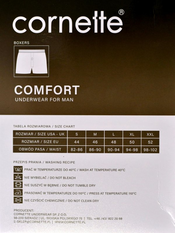 Bokserki Cornette Comfort w granatową kratkę to bielizna męska dla panów ceniących wygodę i prostotę. 100% bawełny zapewnia przewiewność, a klasyczny wzór nadaje całości elegancki, uniwersalny charakter.