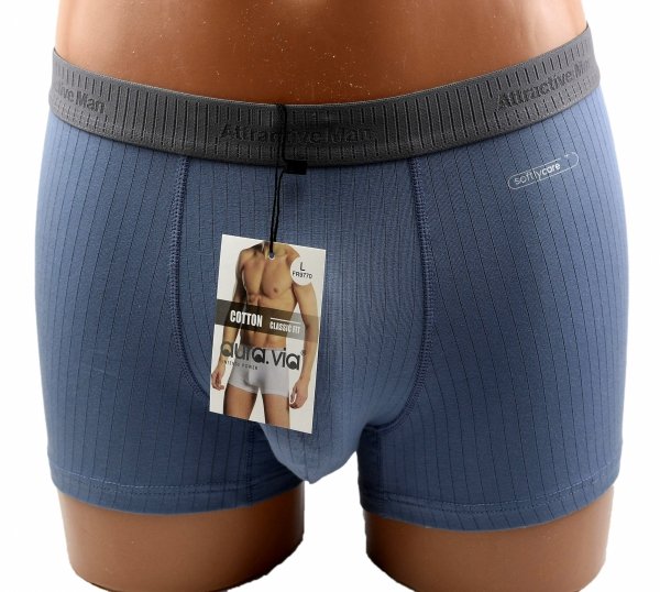 Bokserki Auravia w kolorze niebieskim łączą 95% bawełny z elastanem, zapewniając miękkość i sprężyste dopasowanie. Prążkowana dzianina i szary pas „Attractive Man” dodają stylu, a gładkie wykończenie gwarantuje dyskrecję pod ubraniem.