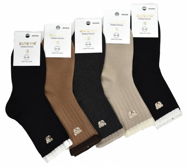 Damskie skarpety klasyczne–5 par z haftem misia i ozdobną lamówką 38-41