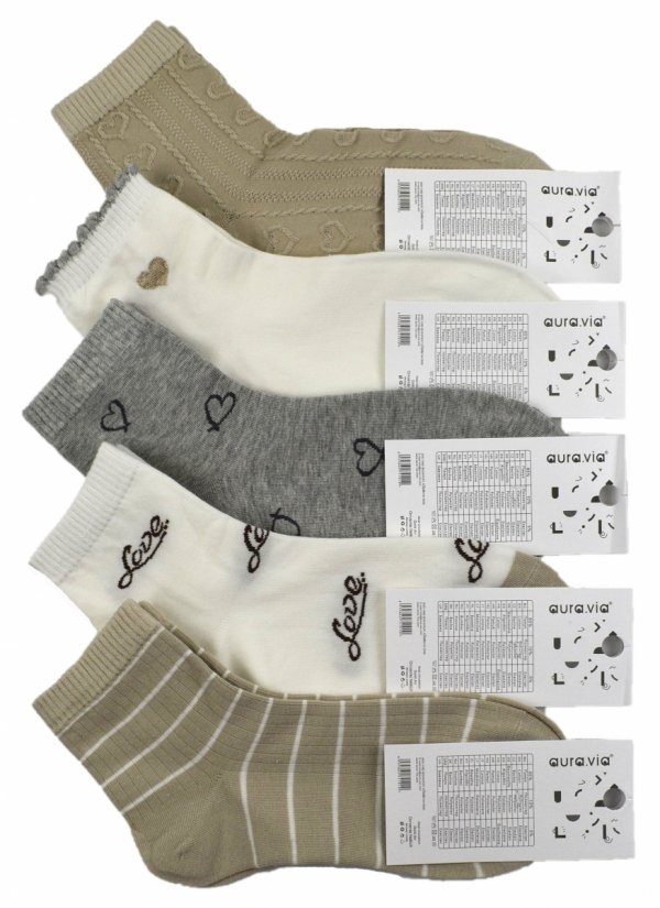 Aura.Via skarpetki damskie – 5 par z uroczymi serduszkami i wzorem Love. Komfortowe, bawełniane i stylowe, w odcieniach beżu, szarości i bieli.