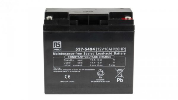 Akumulator kwasowo-ołowiowy, AGM, 18Ah, 12V, RS PRO