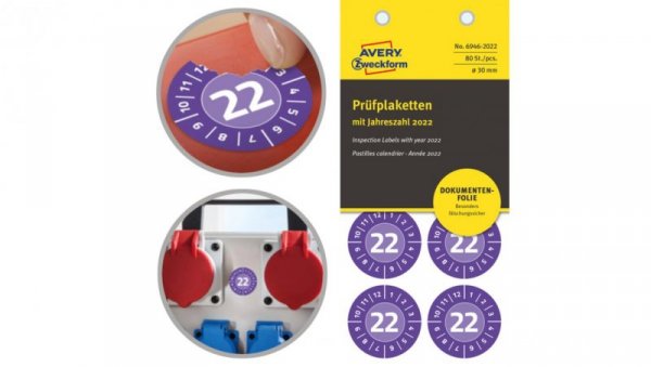Etykiety tabliczki inspekcyjne 2022 rok fioletowy winylowe fi: 30 mm 80 etykiet na 10 arkuszach NoPell AVERY Zweckfrom 6946-2022