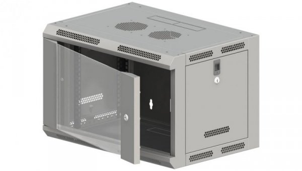 Szafa rack wisząca 19 cali 6U 600x600, niedzielona, drzwi szklane, kolor szary FLAT PACK