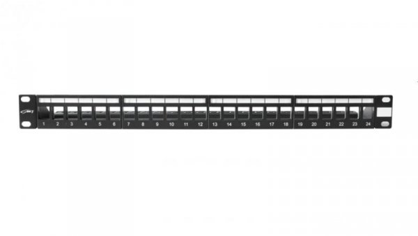 Patch Panel 19 panel krosowy, niewyposażony, modularny na 24xRJ45, ekranowany, 1U, czarny, wymienne pola opisowe 11305113