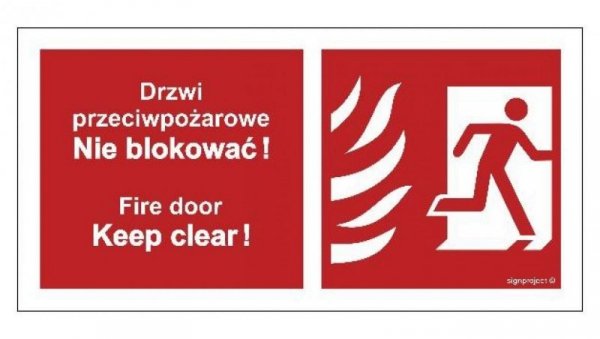 ZNAK - BC049 Drzwi przeciwpożarowe, Nie blokować ! Fire door, Keep clear ! prawostronne 40 x 20 cm PN - Płyta 1mm