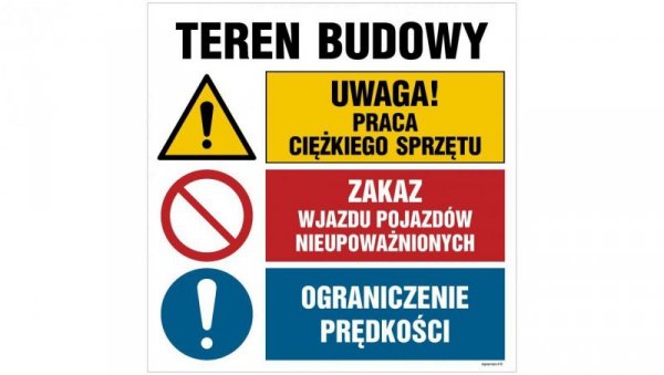ZNAK - OI030 Uwaga! teren niebezpieczny, Nieupoważnionym wstęp wzbroniony, Goście proszeni są o zgłoszenie się w 70 x 70 cm PN -