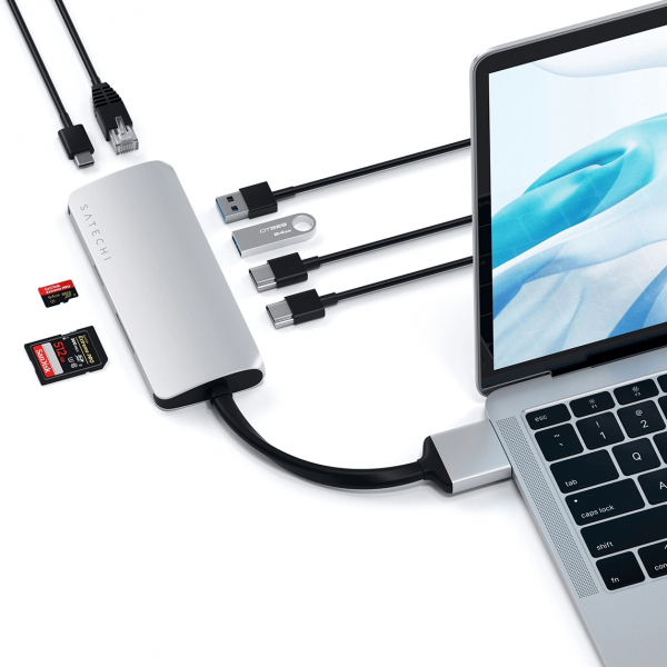 Satechi Dual USB-C Multimedia HUB - Ethernet / 2 xHDMI / 2xUSB 3.0 / USB-C(PD) / SD / microSD / Silver (srebrny)