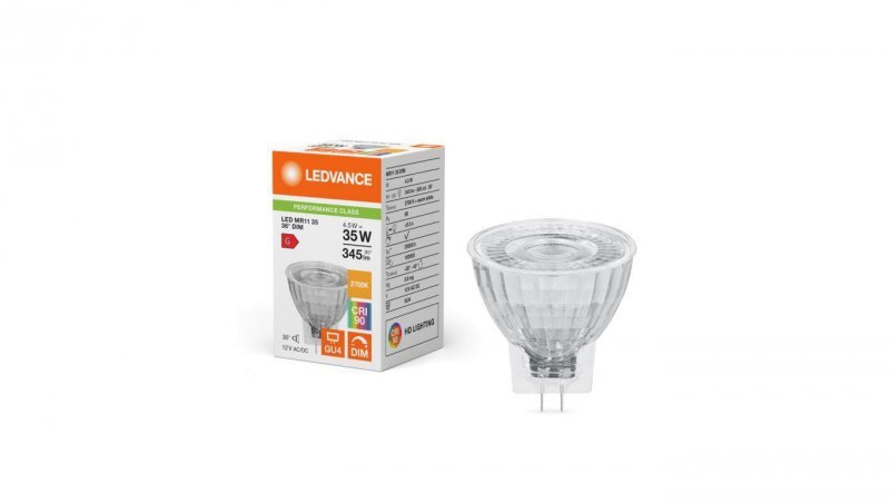 Żarówka LED MR11 GU4 4.5W = 35W 345lm 2700K Ciepła Biała 12V FILAMENT ŚCIEMNIALNA LEDVANCE