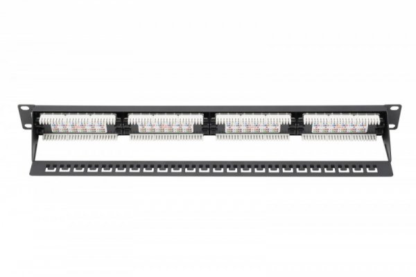 Digitus Patch panel 19&quot; 24 porty, kat.5e, U/UTP, 1U, wspornik kablowy, czarny (kompletny)