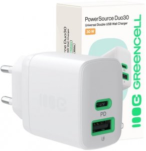 ŁADOWARKA SIECIOWA Greencell PowerSource Duo30 30W 1xUSB-C 1xUSB-A PD 3.0 QC 4.0+ biała