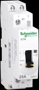 Stycznik modułowy z ręcznym sterowaniem, Acti9 iCTK50r-25-20-230 25A 2NO 5060Hz 230/240 VAC, bez możliwości rozbudowy o styki pomocnicze A9C41225