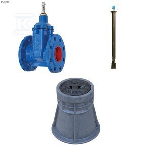 Zasuwa kołnierzowa F4 DN100, krótka bez kółka, PN16, GJS + obudowa teleskopowa + skrzynka PEHD ZESTAW DLW507