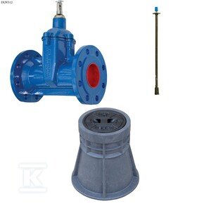 Zasuwa kołnierzowa F5 DN100, długa bez kółka, PN10, GJL + obudowa sztywna + skrzynka PEHD ZESTAW DLW512