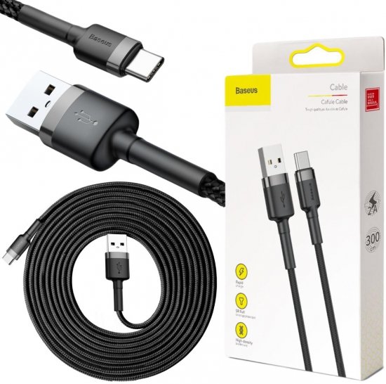 KABEL USB-A -|} USB-C Baseus Cafule CATKLF-UG1 300cm 3A QC 3.0 CZARNO-SZARY W NYLONOWYM OPLOCIE